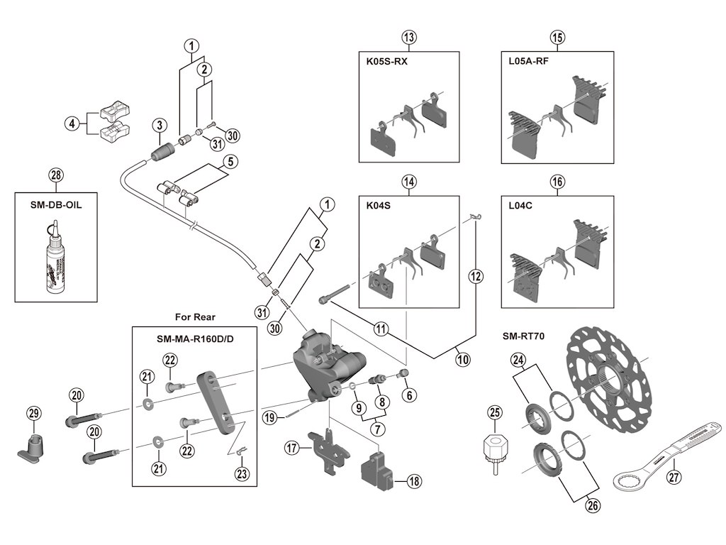 Shimano SLX bremseklodsaksel og låseklips til bremsekaliber model BR-M7110
