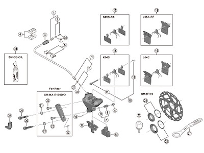 Shimano SLX bremseklodsaksel og låseklips til bremsekaliber model BR-M7110