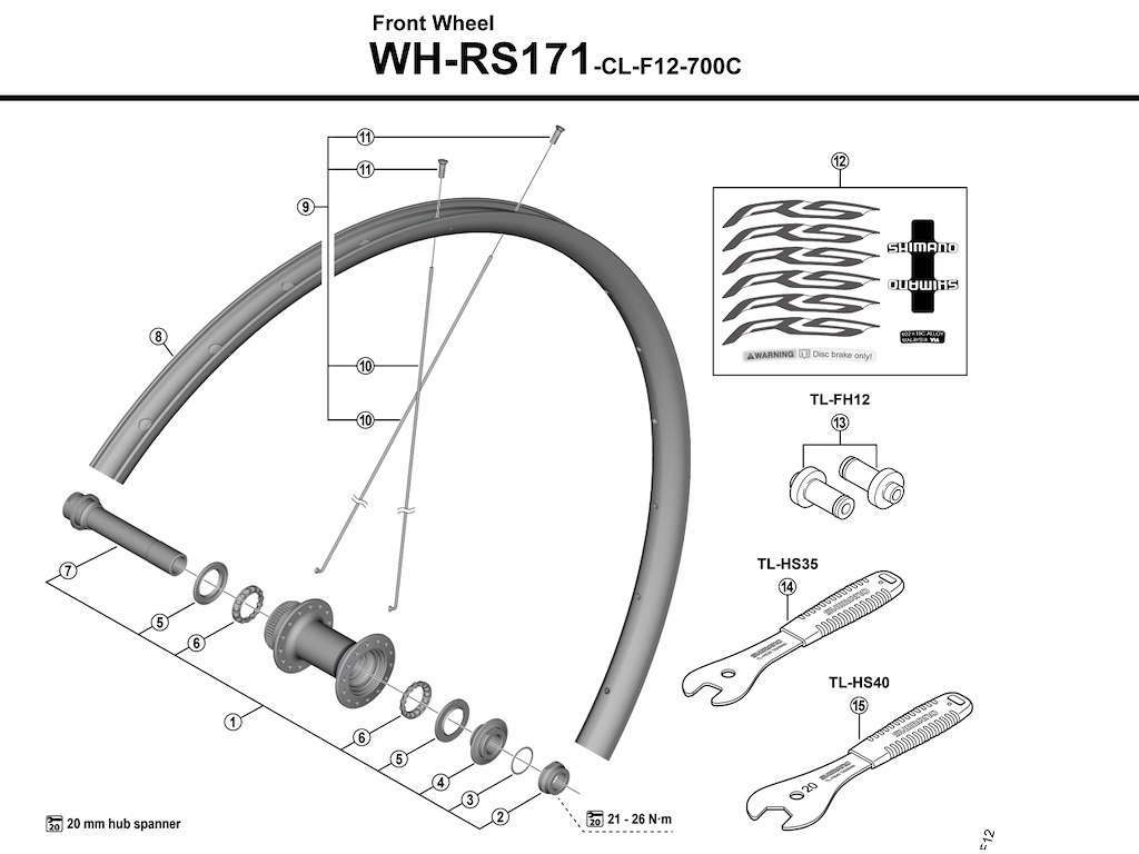 Shimano eger 290mm lang til forhjul model WH-RS171-CL-F12-700C