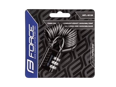 FORCE hængelås med wire og kode 120cm/3mm - Sort