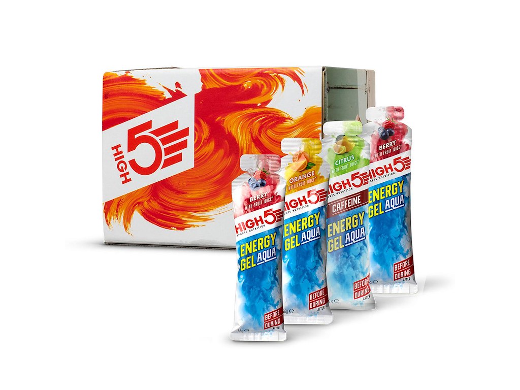 High5 Energy AQUA Gels mixed boks med 18 stk. Energy AQUA Gels 6 x Berry, 6 x Orange 6 x Citrus Caff