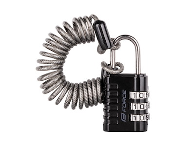 FORCE hængelås med wire og kode 120cm/3mm - Sort